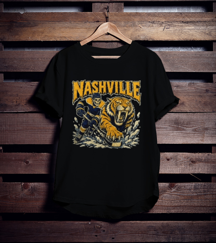 Nashville Hockey Skeleton Player With Fierce Tiger T-Shirt
