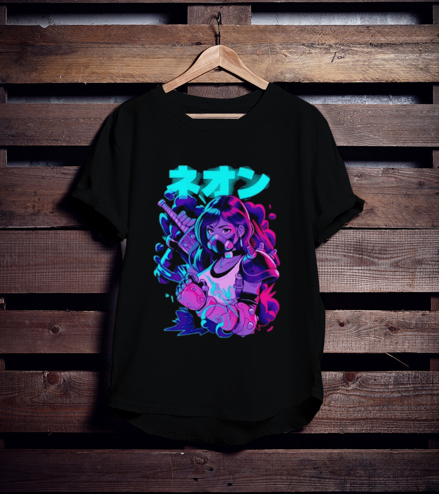 Neon Cyberpunk Anime Warrior Girl Futuristic Vaporwave Aesthetic T-Shirt