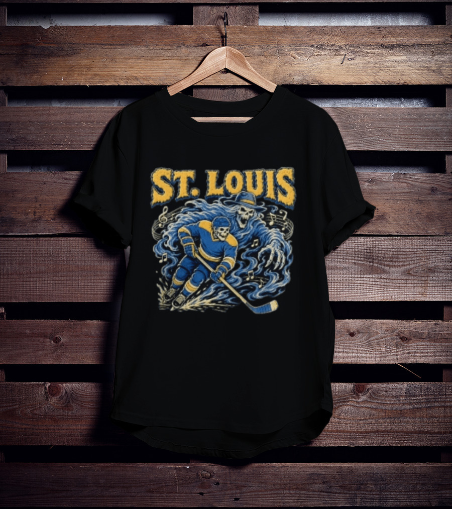 St. Louis Blues Hockey Skeleton Player With Music Notes And Ghostly Figure T-Shirt