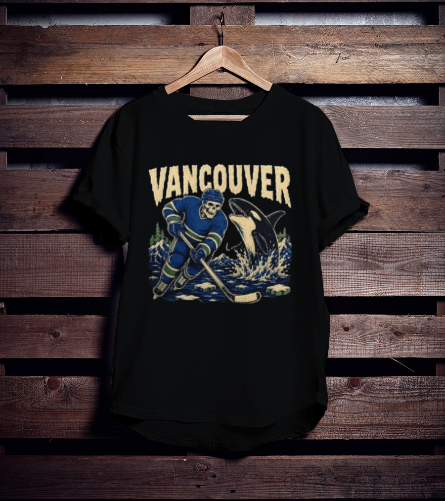 Vancouver Canucks Hockey Skeleton Player With Orca T-Shirt