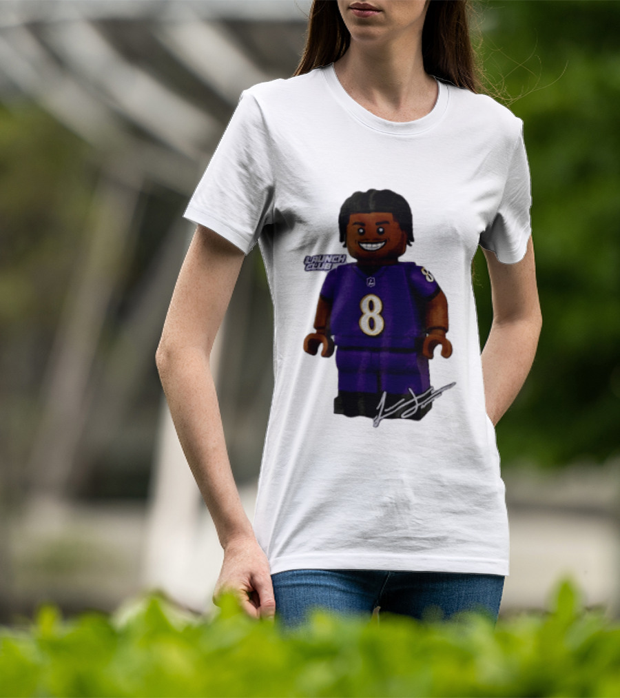 Baltimore Ravens Lamar Jackson Lego Minifigure Purple Jersey Number 8 T-Shirt