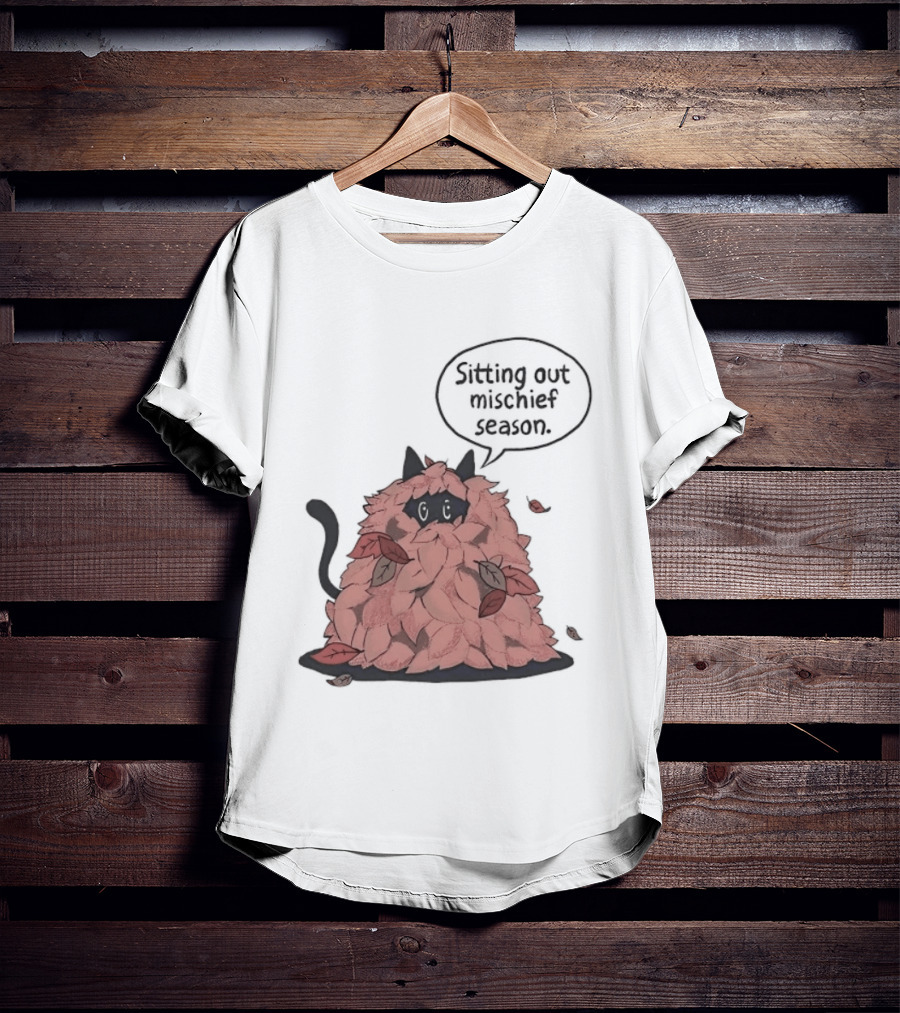 Sitting Out Mischief Season Cat Autumn Leaves T-Shirt