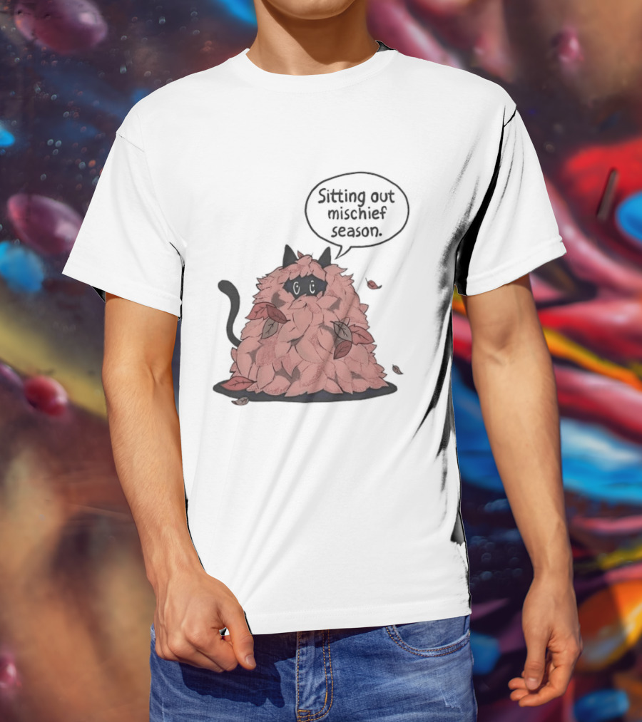 Sitting Out Mischief Season Cat Autumn Leaves T-Shirt