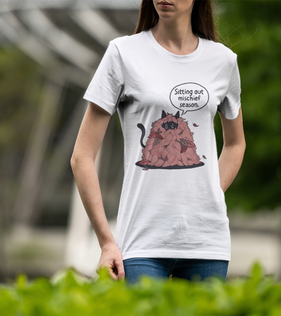 Sitting Out Mischief Season Cat Autumn Leaves T-Shirt