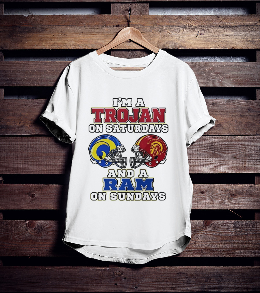 Trojan On Saturdays USC And Ram On Sundays Football Fan Helmet T-Shirt