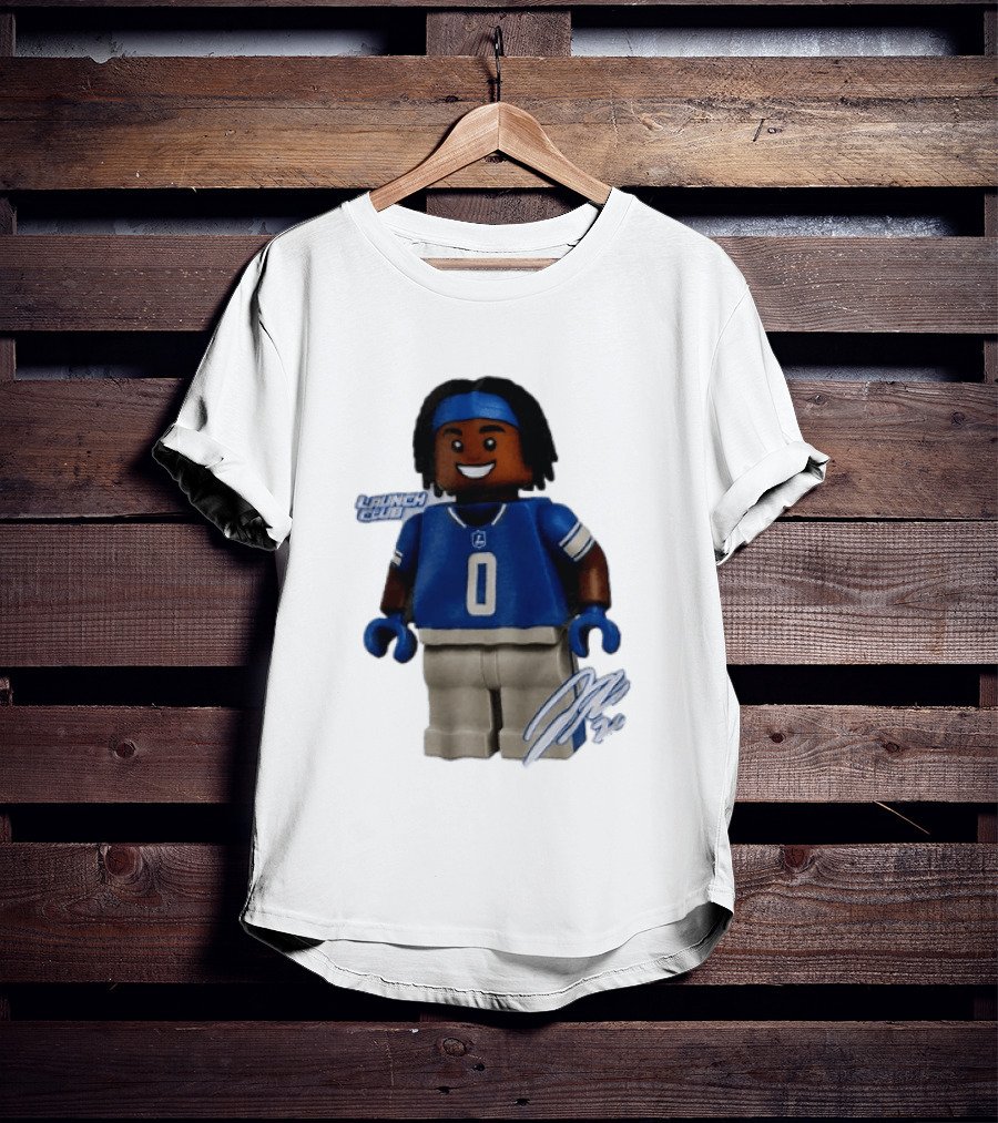 Detroit Lions Jahmyr Gibbs Lego Minifigure Launch Club Football Player T-Shirt