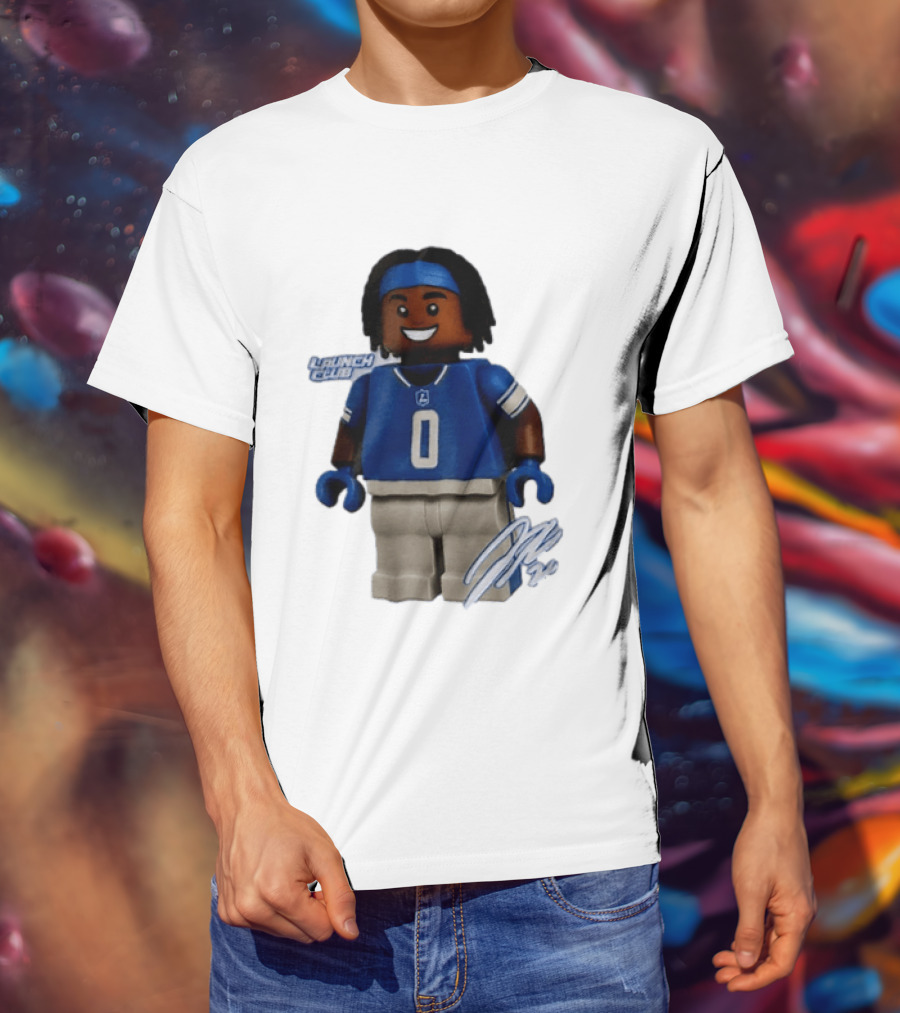 Detroit Lions Jahmyr Gibbs Lego Minifigure Launch Club Football Player T-Shirt