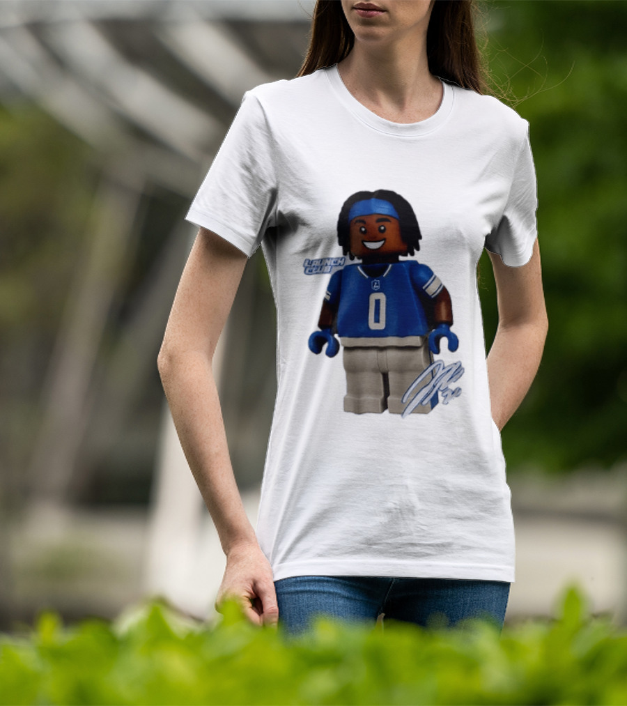 Detroit Lions Jahmyr Gibbs Lego Minifigure Launch Club Football Player T-Shirt