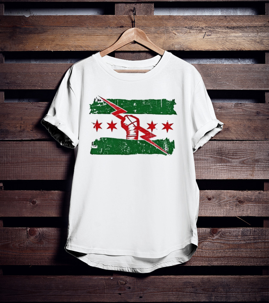 Chicago Flag Symbol Red Fist Lightning Bolt Green Distressed T-Shirt