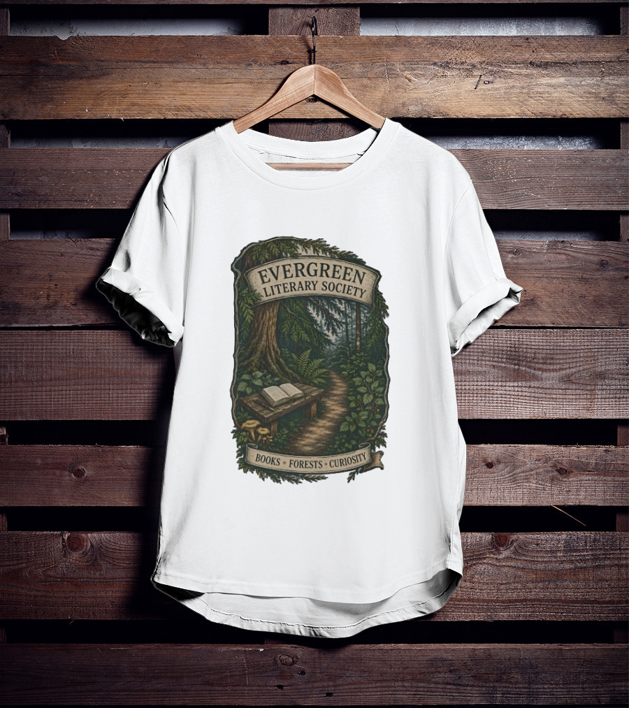 Evergreen Literary Society Books Forests Curiosity Pathway Through Trees T-Shirt