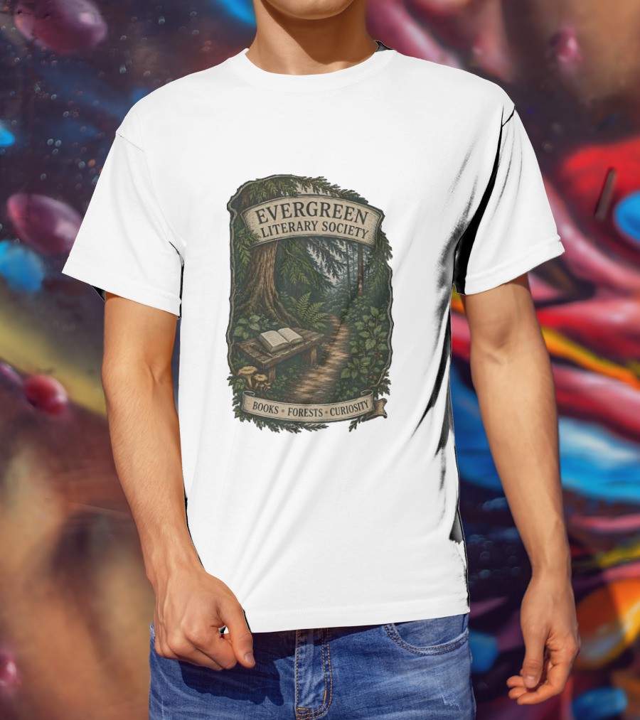 Evergreen Literary Society Books Forests Curiosity Pathway Through Trees T-Shirt