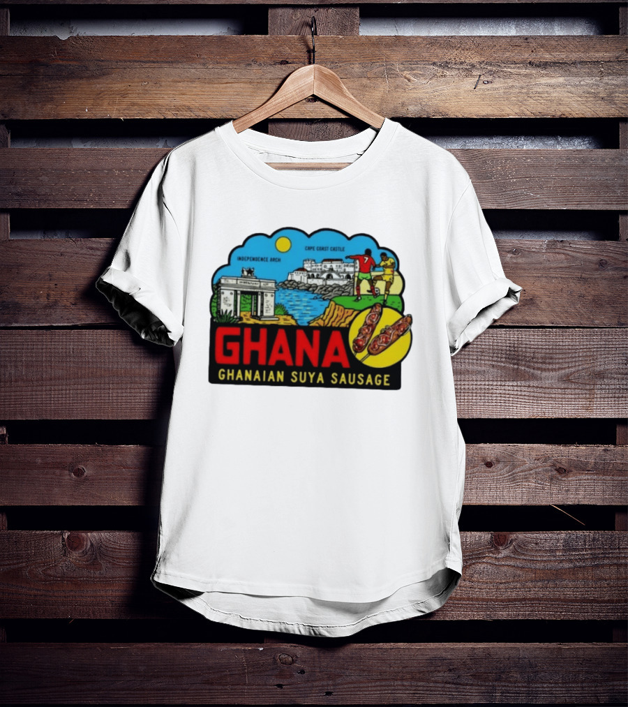 Ghana Cape Coast Castle Independence Arch Ghanaian Suya Sausage Soccer Scene T-Shirt