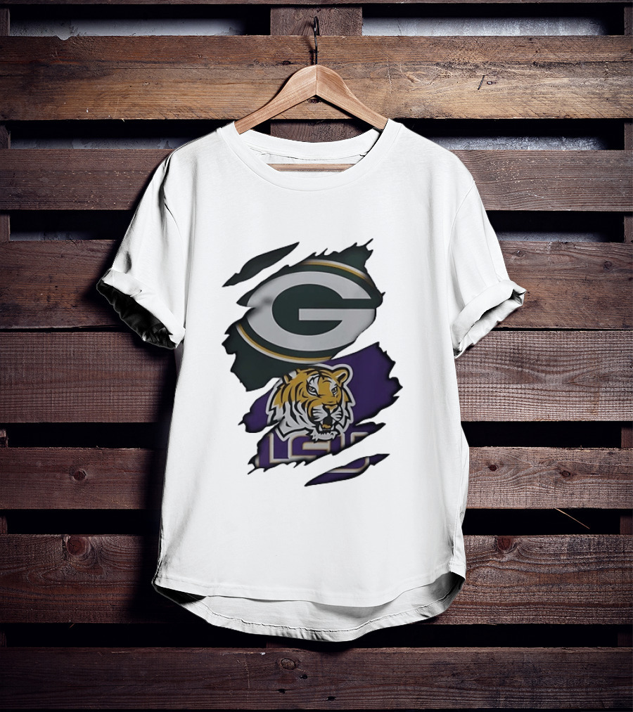 Green Bay Packers G Logo And LSU Tigers Purple And Gold Torn Fabric T-Shirt