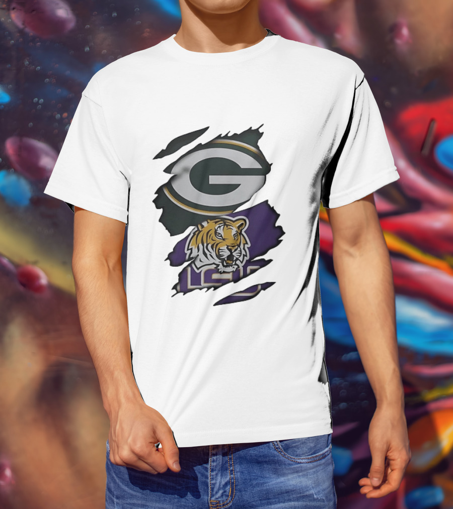 Green Bay Packers G Logo And LSU Tigers Purple And Gold Torn Fabric T-Shirt