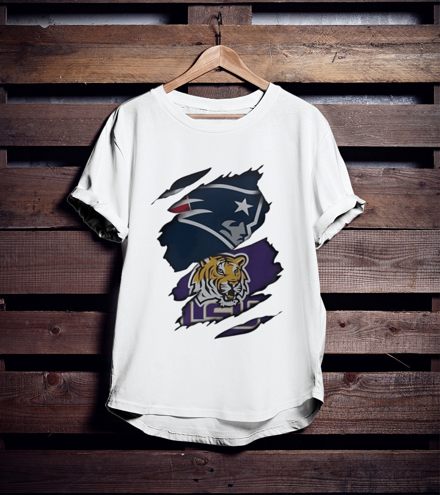 New England Patriots LSU Tigers Torn Fabric Tiger And Patriot Head Logos T-Shirt