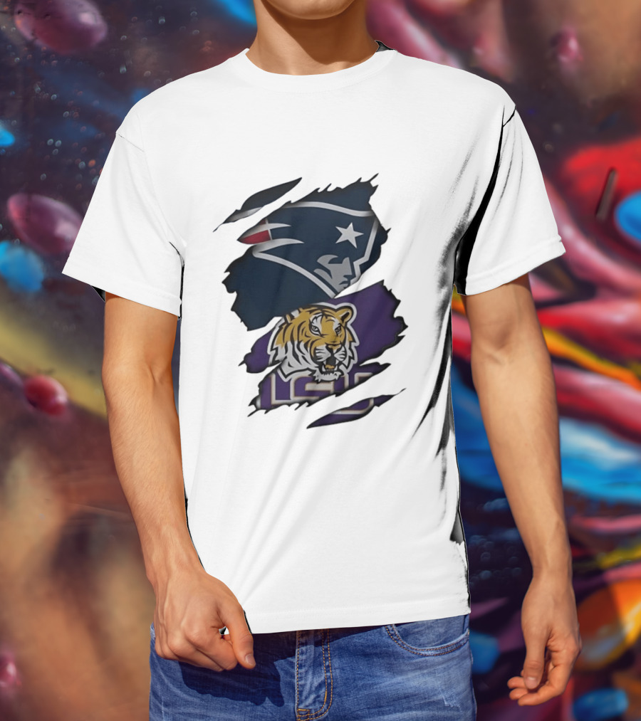 New England Patriots LSU Tigers Torn Fabric Tiger And Patriot Head Logos T-Shirt