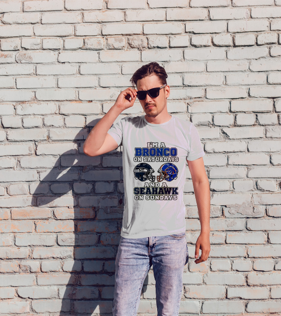 I'm A Bronco On Saturdays And A Seahawk On Sundays Football Helmets T-Shirt