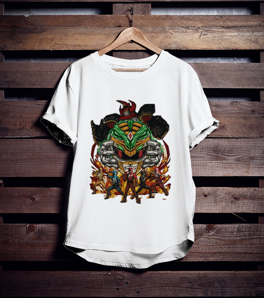 Mighty Morphin Power Rangers Green Ranger Dragonzord Helmet And Team Pose T-Shirt