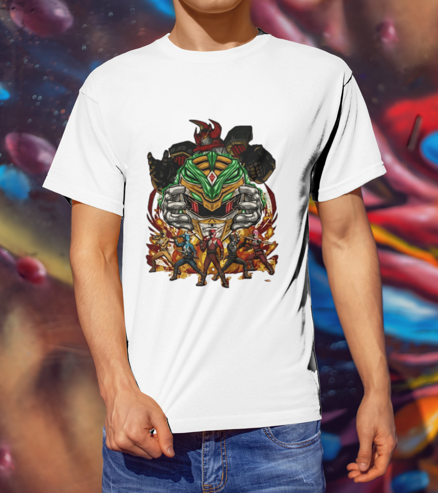 Mighty Morphin Power Rangers Green Ranger Dragonzord Helmet And Team Pose T-Shirt