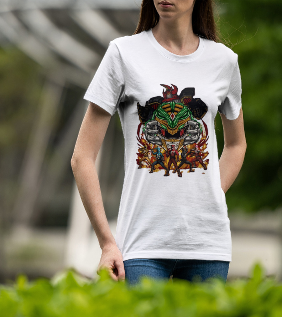 Mighty Morphin Power Rangers Green Ranger Dragonzord Helmet And Team Pose T-Shirt
