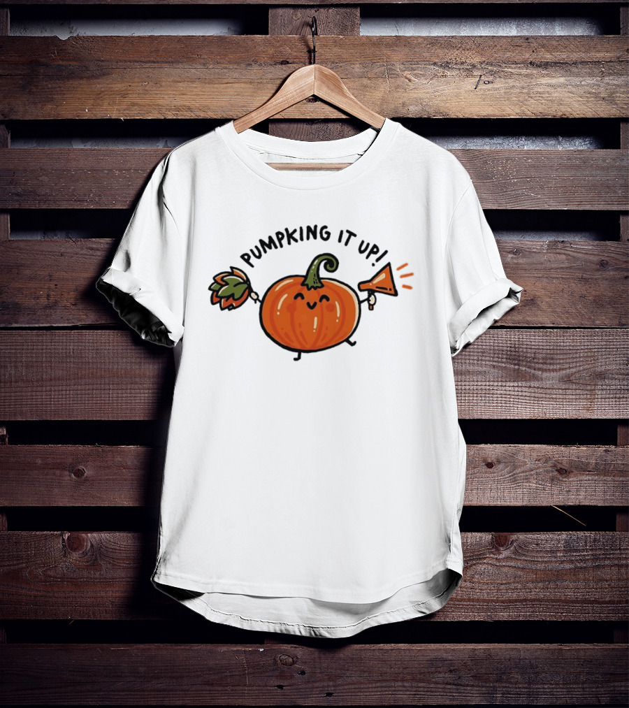 Pumpking It Up Pumpkin Cheerleader Cute Cartoon Holding Megaphone And Pom Pom T-Shirt