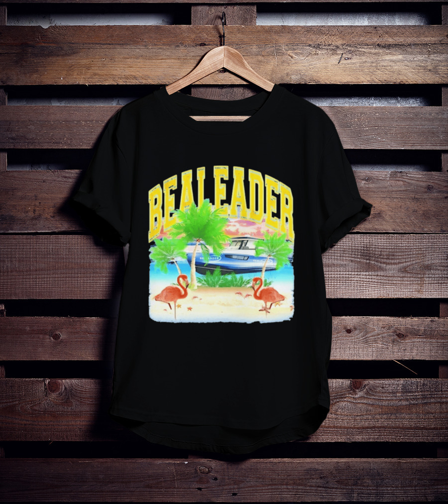 Bealeader Tropical Beach Scene With Palm Trees, Boat, And Flamingos T-Shirt