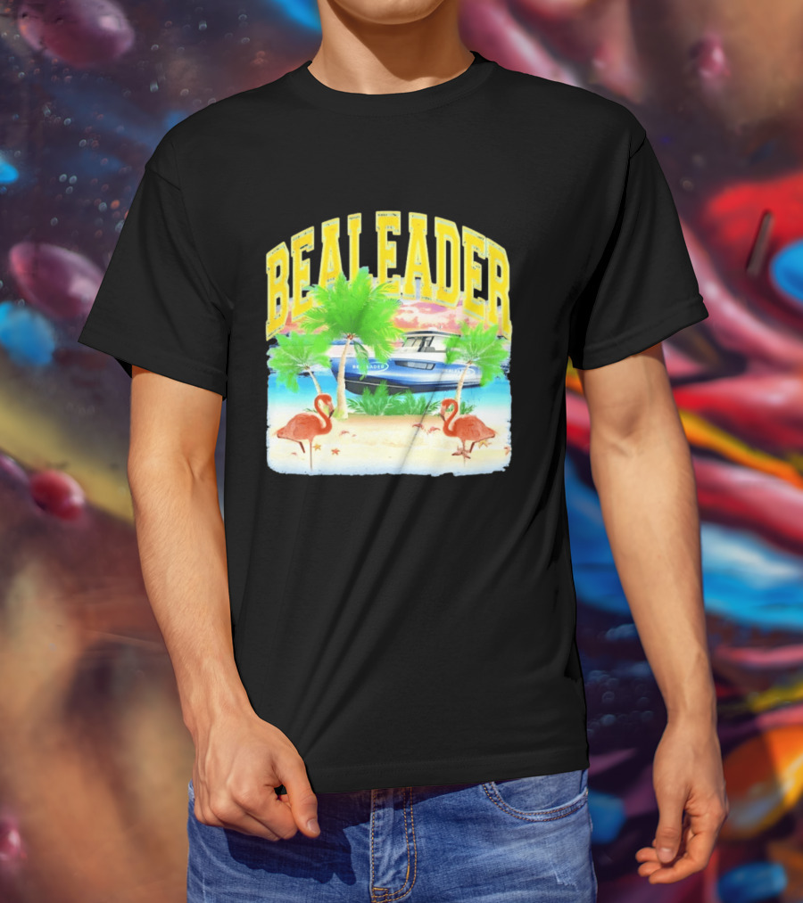 Bealeader Tropical Beach Scene With Palm Trees, Boat, And Flamingos T-Shirt