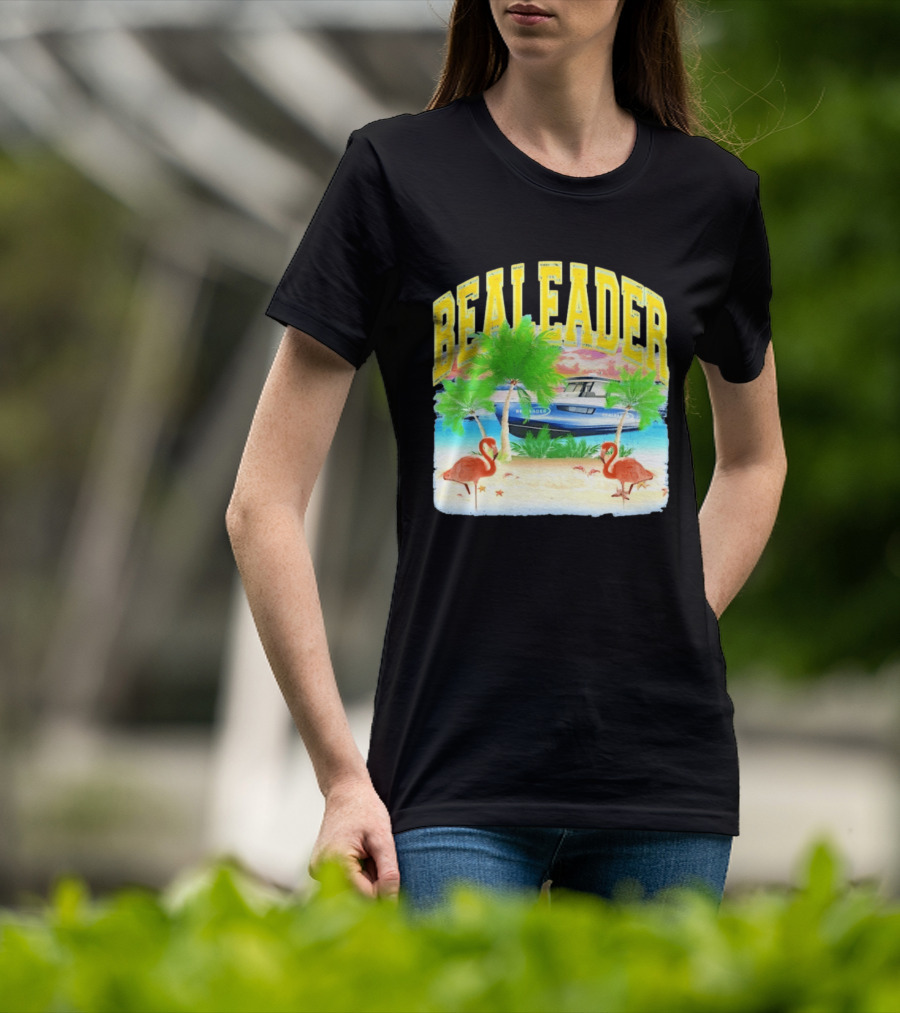 Bealeader Tropical Beach Scene With Palm Trees, Boat, And Flamingos T-Shirt