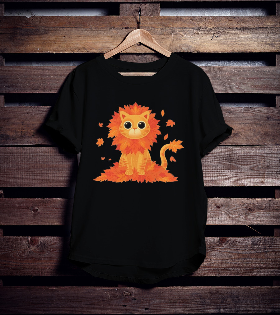 Cat With Autumn Leaves Mane Fall Lion Cozy Cute Kitty T-Shirt
