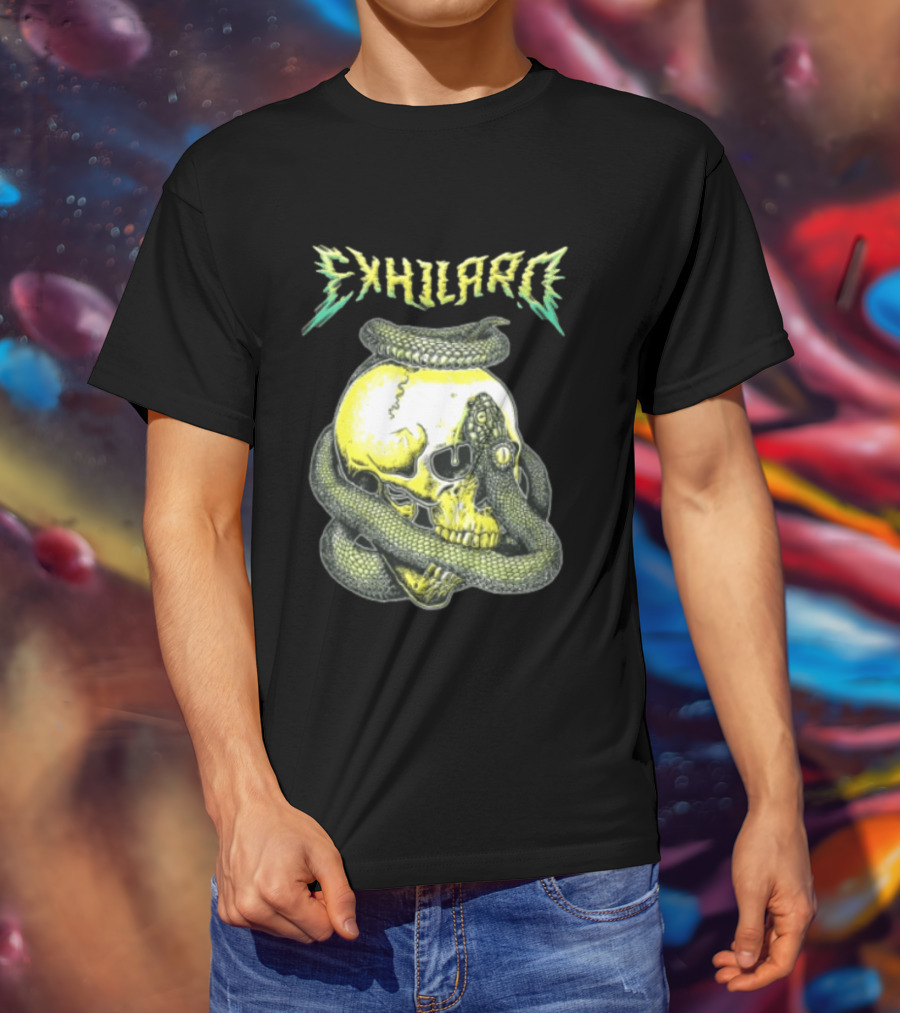 Exhilaro Venomous Serpent Coiled Around Yellow Human Skull T-Shirt