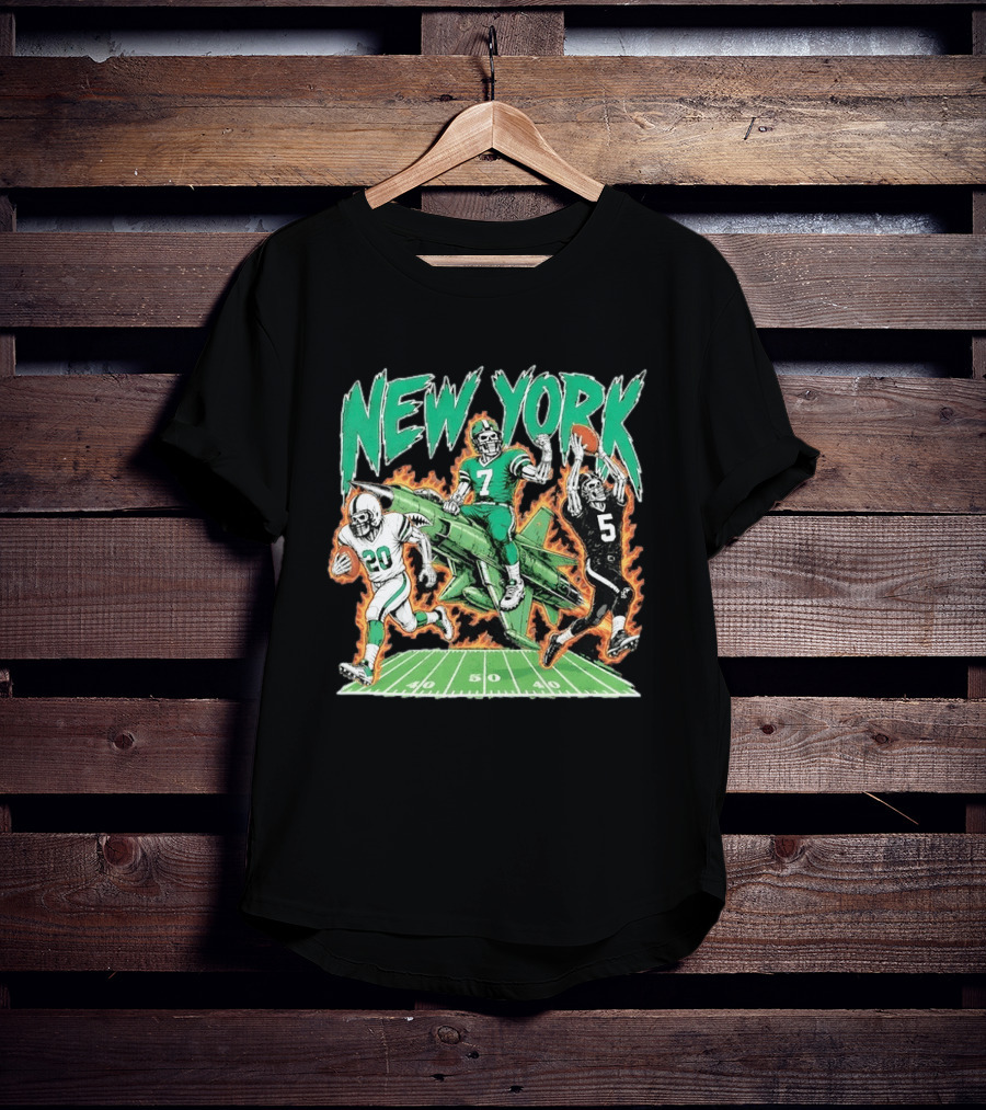 New York Jets Skeleton Football Players With Jet And Field T-Shirt