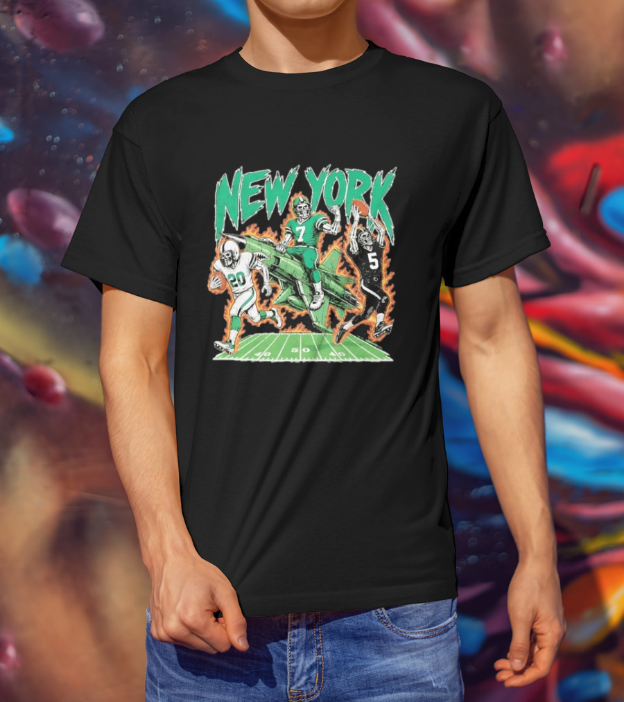 New York Jets Skeleton Football Players With Jet And Field T-Shirt