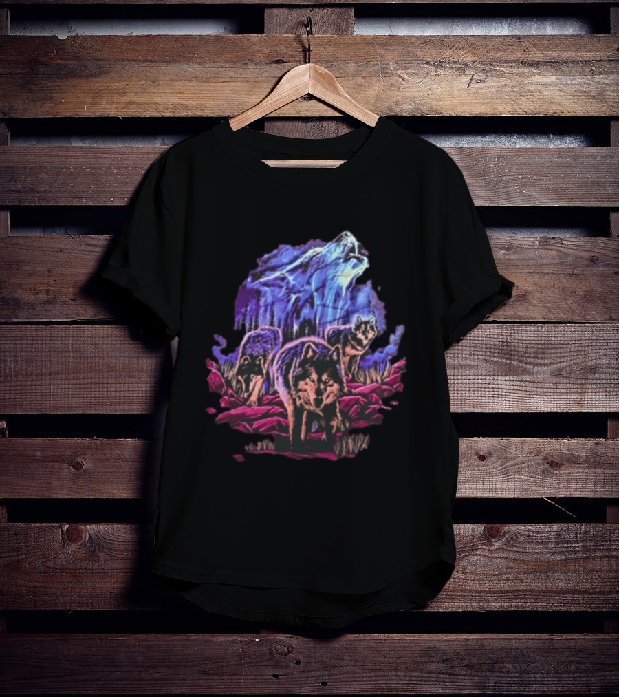 Odm San Diego 2000 Three Wolves Howling Celestial Northern Lights Woods T-Shirt