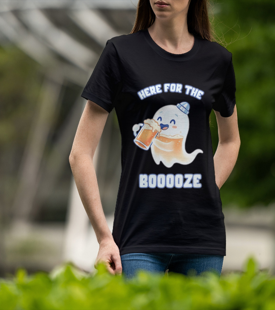 Here For The Booooze Ghost Drinking Beer Fun Halloween T-Shirt