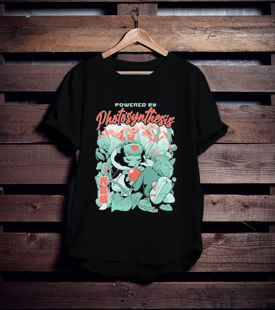 Powered By Photosynthesis Anime Kanji Characters And Cute Green Robot T-Shirt