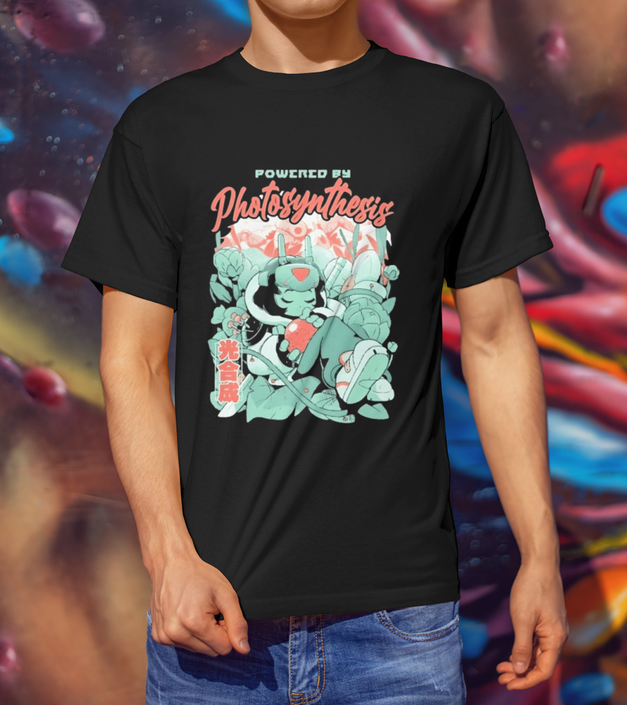 Powered By Photosynthesis Anime Kanji Characters And Cute Green Robot T-Shirt