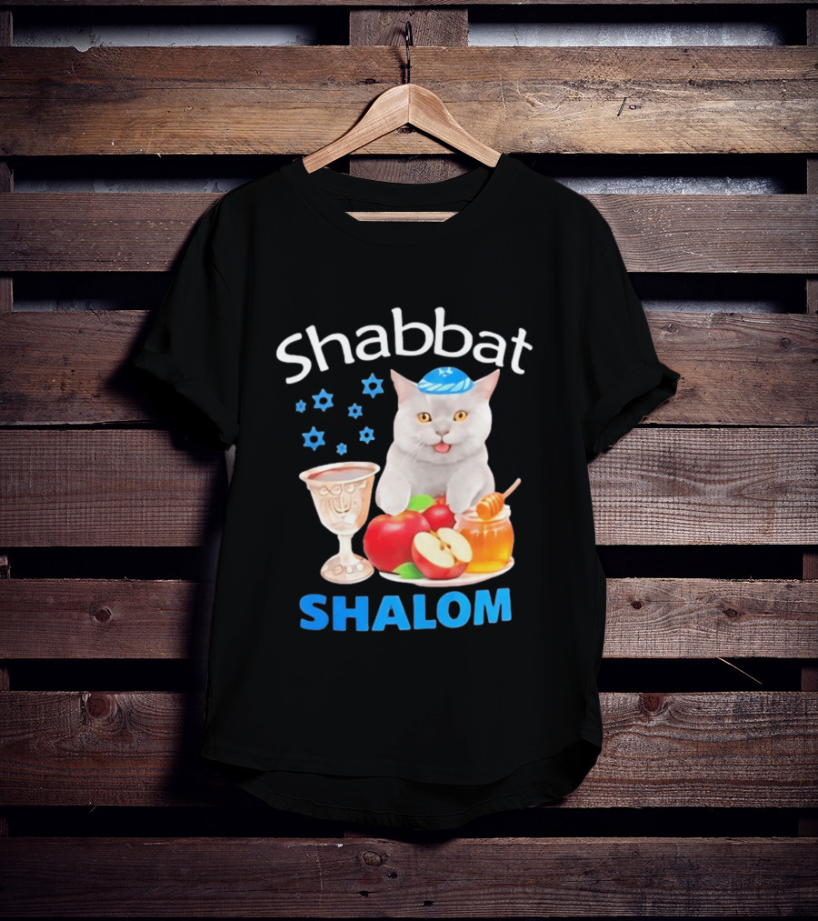 Shabbat Shalom Cat With Kippah Apples Honey And Wine Cup T-Shirt