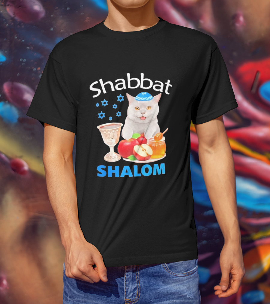 Shabbat Shalom Cat With Kippah Apples Honey And Wine Cup T-Shirt