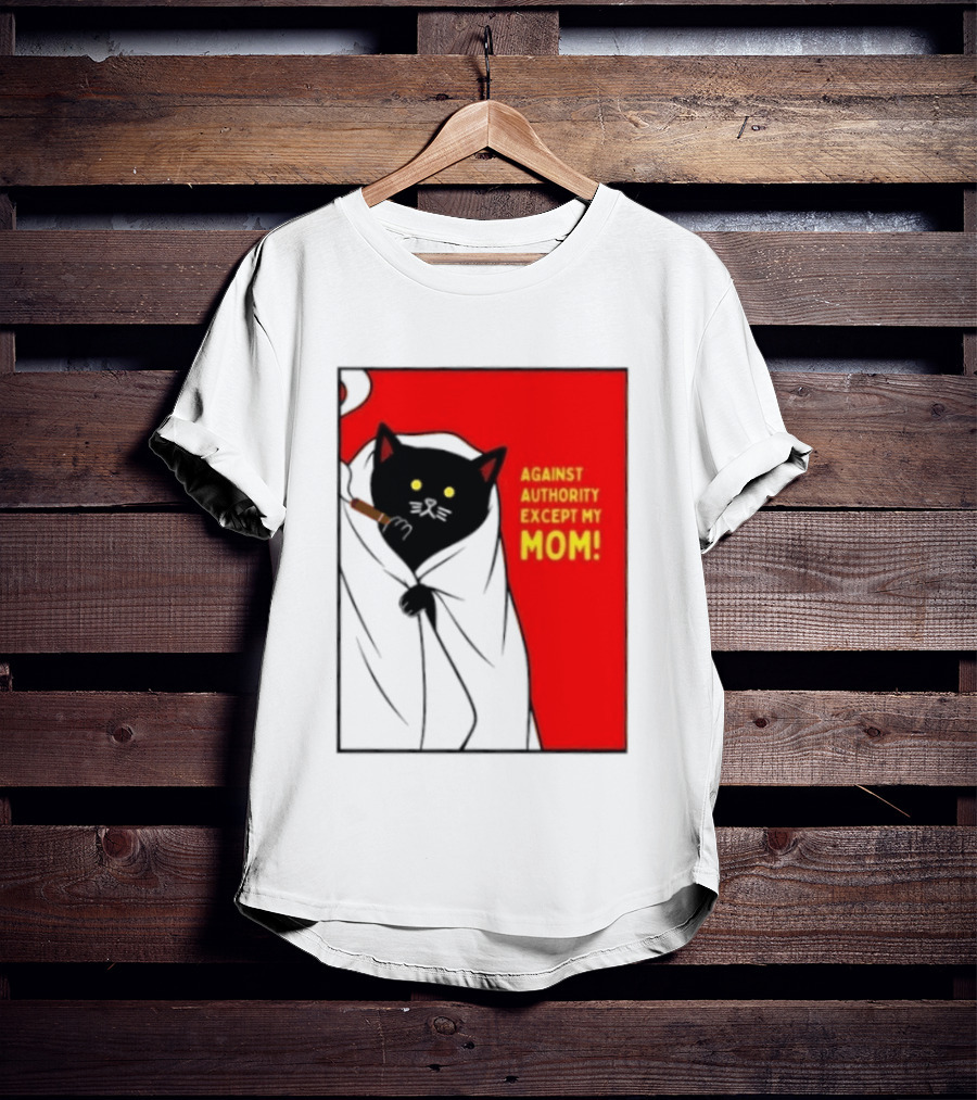 Black Cat Against Authority Except My Mom Smoking Cloaked Yellow Eyes Red T-Shirt