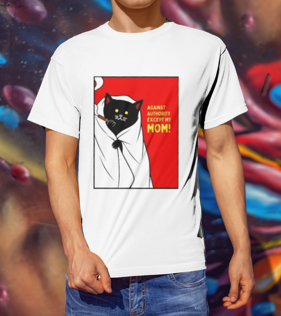 Black Cat Against Authority Except My Mom Smoking Cloaked Yellow Eyes Red T-Shirt