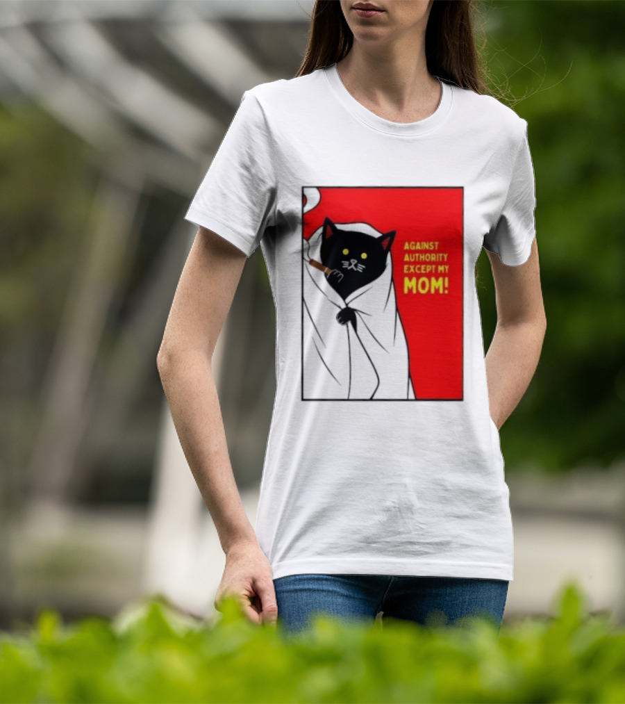 Black Cat Against Authority Except My Mom Smoking Cloaked Yellow Eyes Red T-Shirt