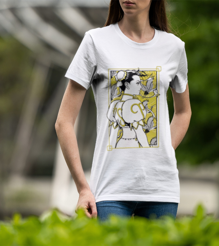 Chun Li Profile Flying Cranes Yellow Frame Line T-Shirt
