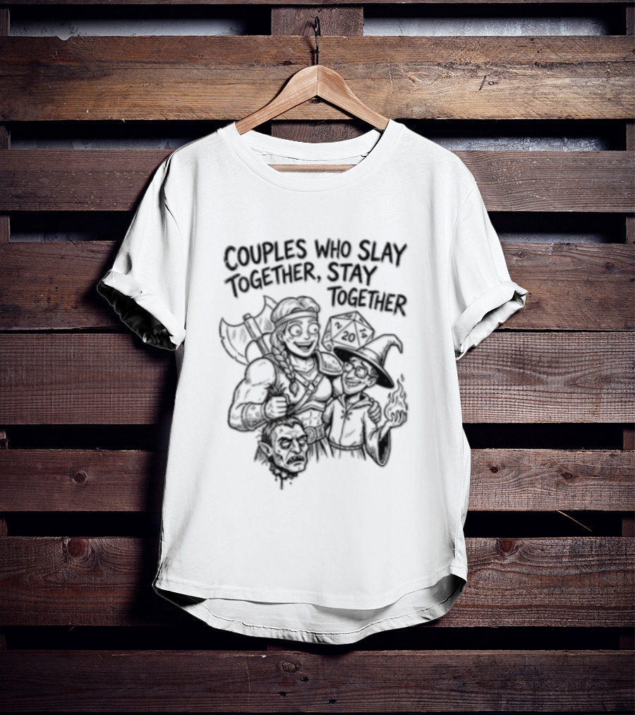 Couples Who Slay Together Stay Cartoon Barbarian Wizard D20 Orc Head T-Shirt