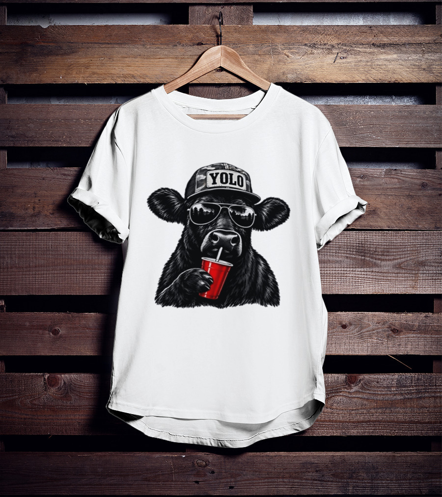 Cow With Yolo Camo Hat Sunglasses Red Cup T-Shirt