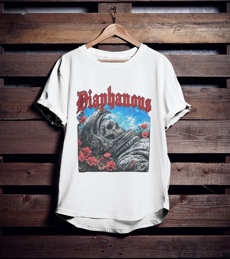 Diaphanous Distressed Skull Astronaut In Flowers With Cosmic T-Shirt