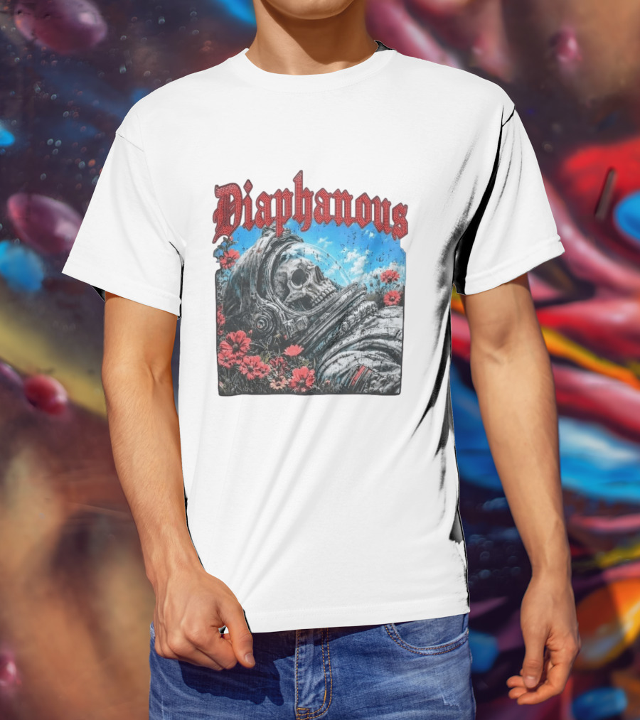 Diaphanous Distressed Skull Astronaut In Flowers With Cosmic T-Shirt