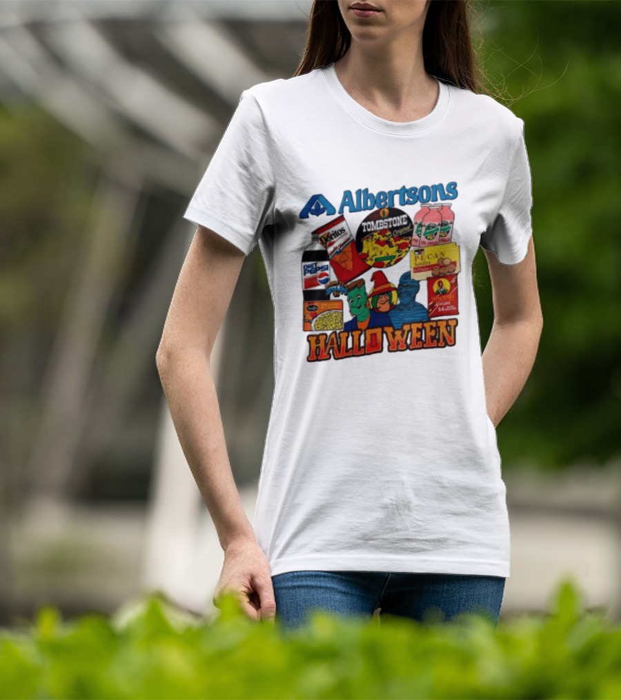 Albertsons Halloween Frankenstein Witch Mummy Featuring Diet Pepsi Doritos Tombstone Pizza T-Shirt