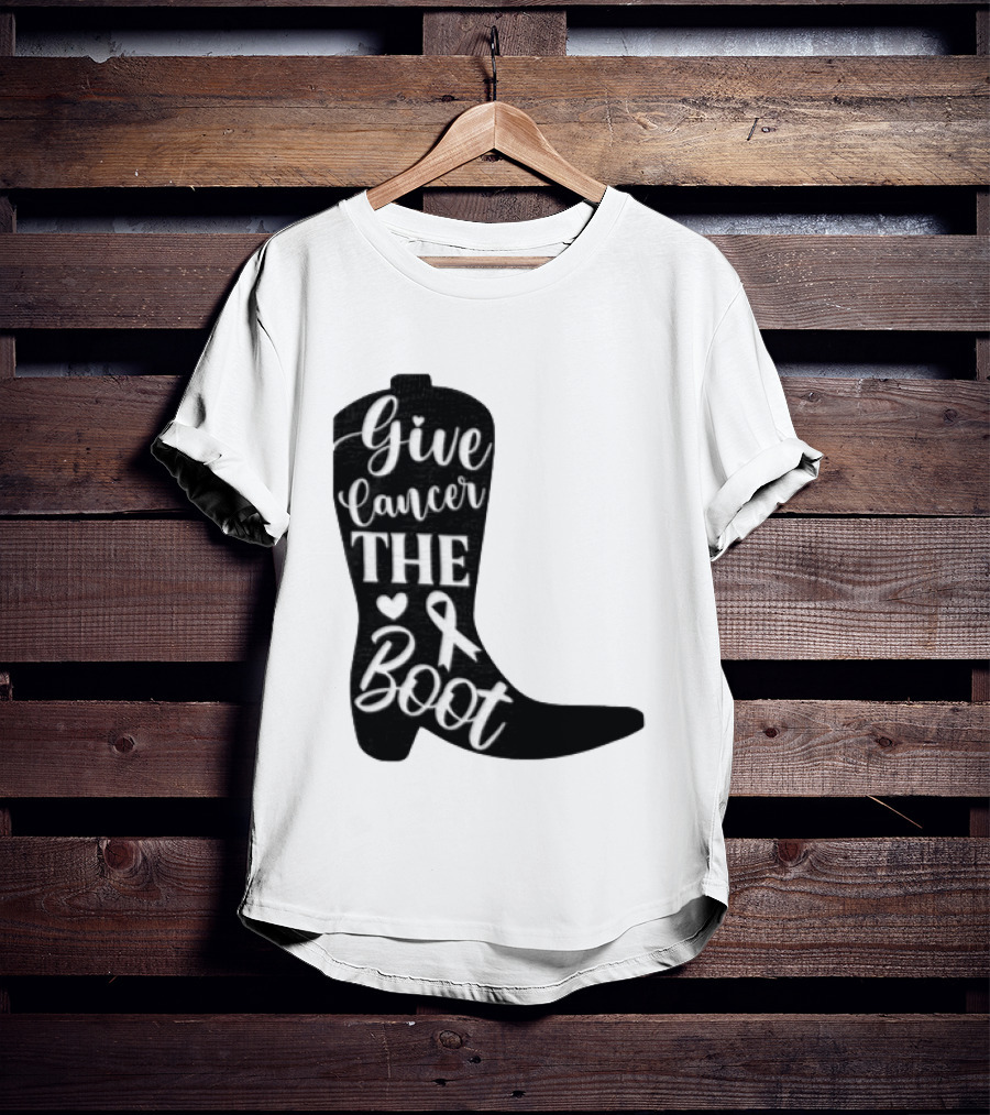 Give Cancer The Boot Awareness Ribbon Western Cowboy Boot T-Shirt