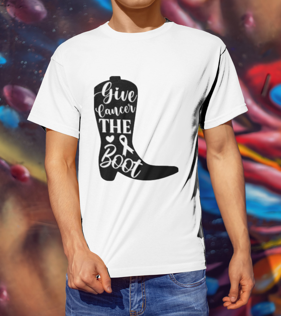 Give Cancer The Boot Awareness Ribbon Western Cowboy Boot T-Shirt