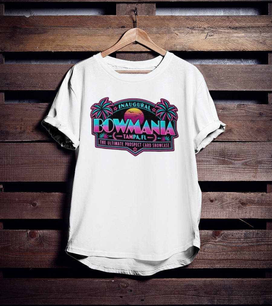 Inaugural Bowmania Tampa FL The Ultimate Prospect Card Showcase Retro Sunset Palm Trees T-Shirt